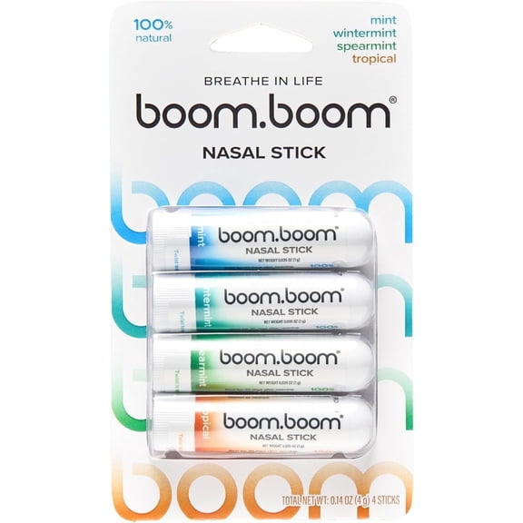 BoomBoom Nasal Stick (4 Pack) | Enhances Breathing Boosts Focus | Provides Fresh Cooling Sensation | Aromatherapy Inhaler Made with Essential Oils Menthol (Mint, Wintermint, Tropical, Spearmint)