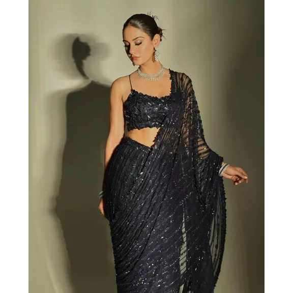Blockbuster Mono Net Saree with 5MM Multi Sequins Embroidery & Lace Border