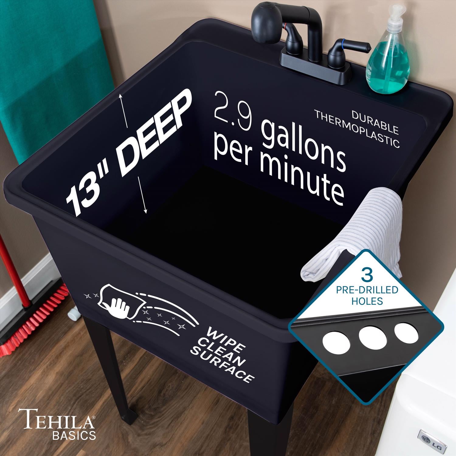 Tehila Standard Freestanding Black Laundry/Utility Sink, Black Finish Pull-Out Faucet