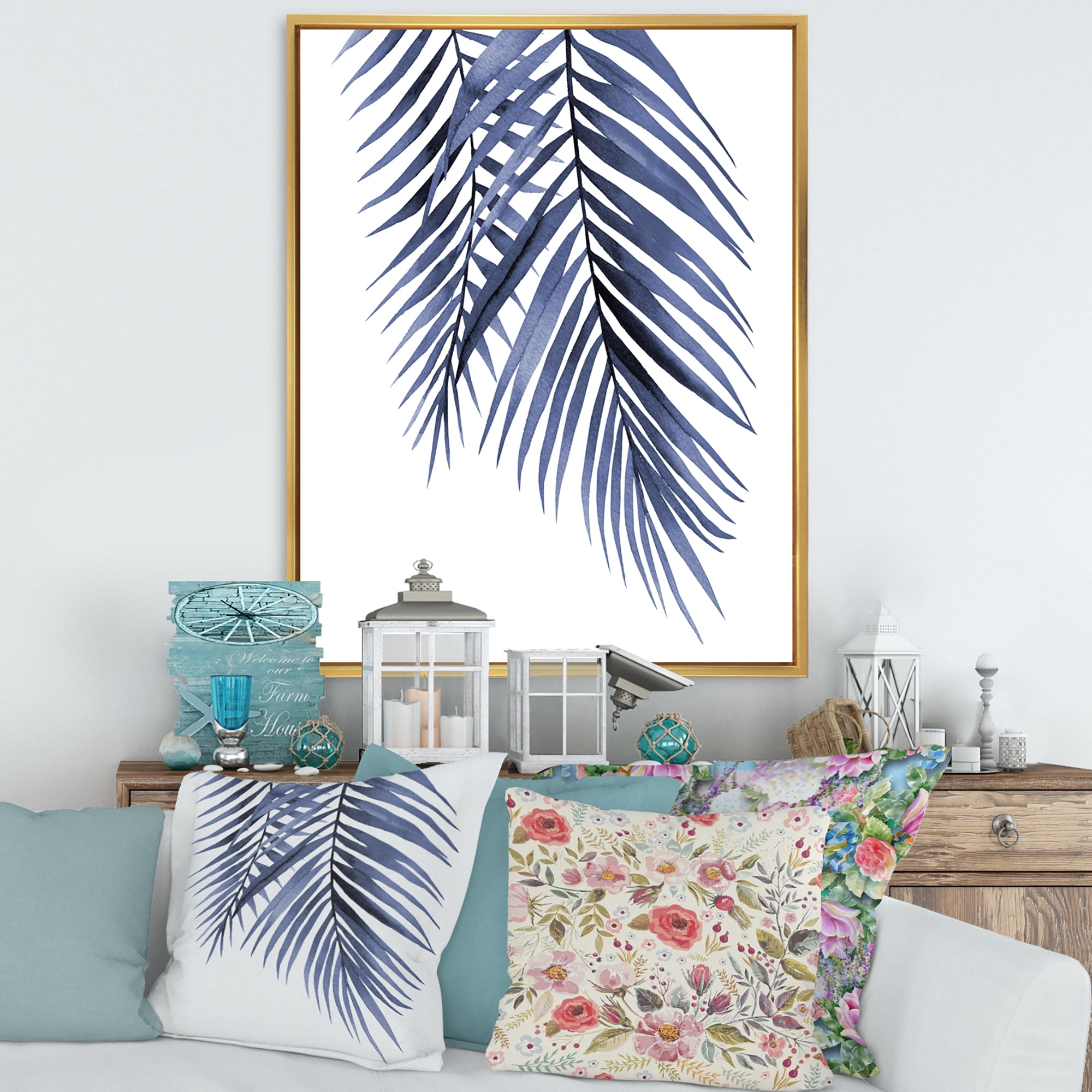 Designart 'Abstract Blue Palm Leaves Tropical Branches' Traditional Framed Canvas Wall Art Print