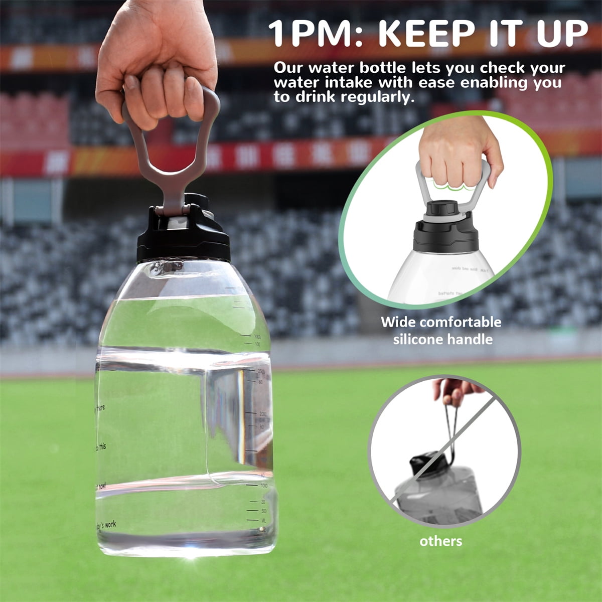 Kepooman 1 Gallon Leakproof Drinking Water Bottle with Inspirational Time Marker and Handle Leak-Proof Marker for Fitness, Gym and Outdoor Sports, Water Bottle-G