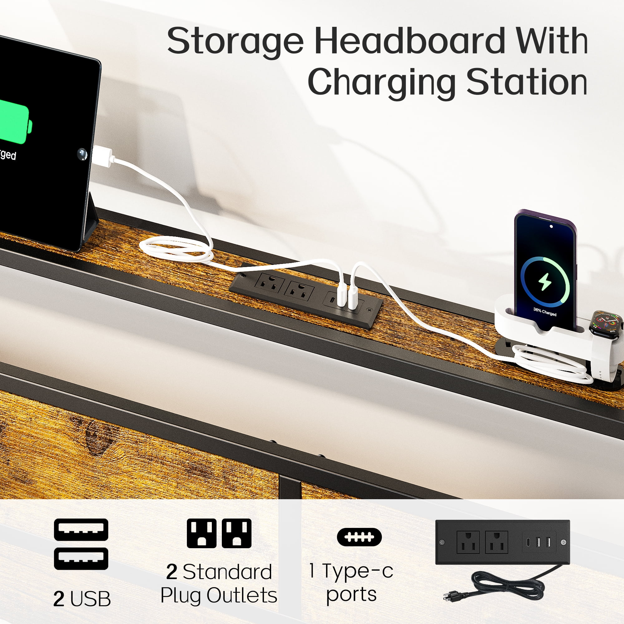 Kbun King Size Bed Frame with Headboard, LED Lights & Charging Station, No Box Spring Needed, Noise-Free, Easy Assembly