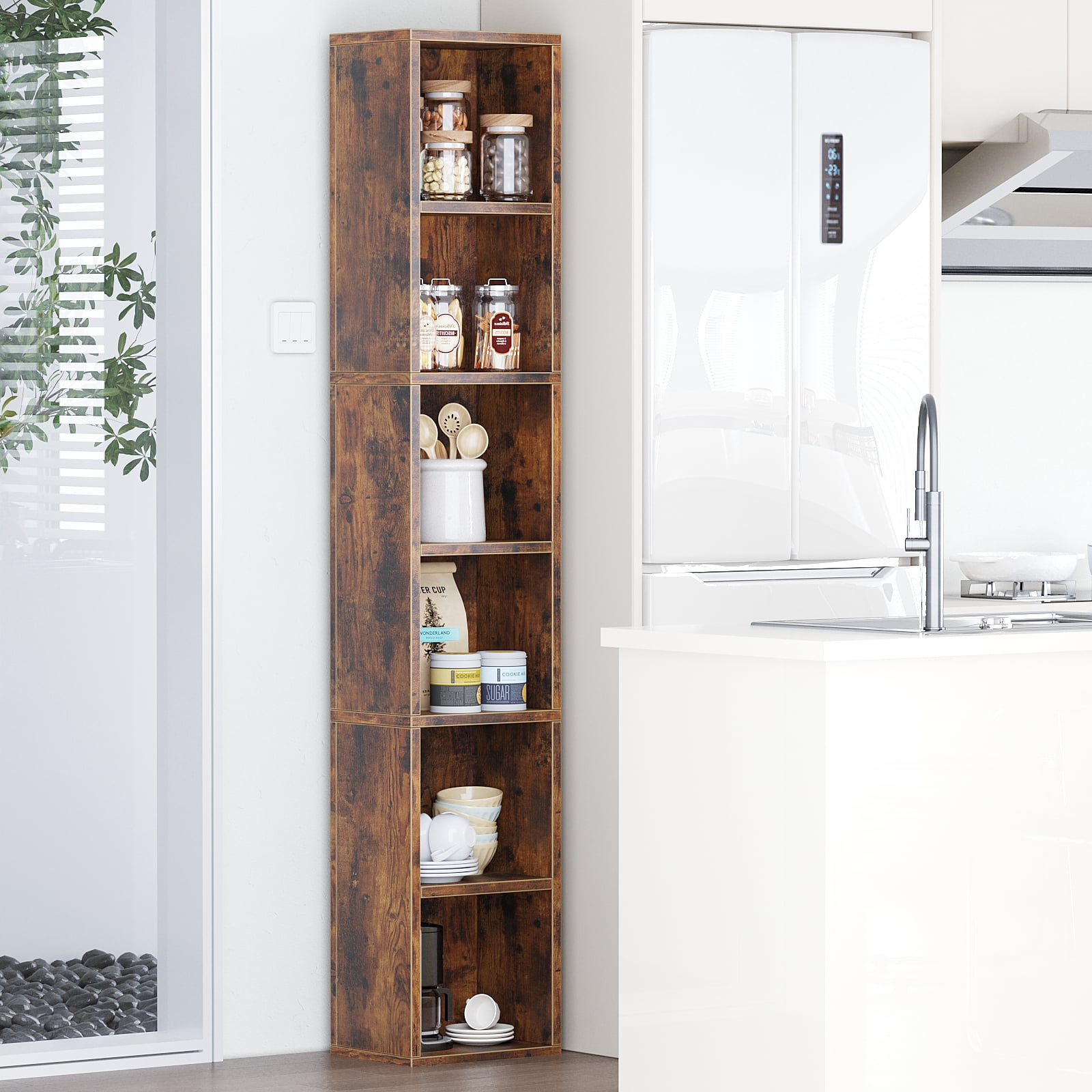 ALISENED 6 Cube Tall Skinny Bookcase, Narrow Organizer Shelf, Wood Corner Bookshelf, Storage Shelves