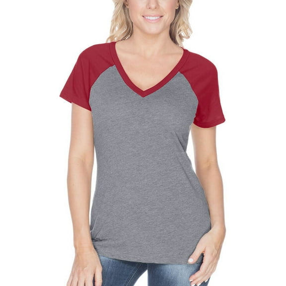 Kavio! Women Sheer Jersey Contrast V Neck Raglan Short Sleeve Dark H.Gray/Cardinal M
