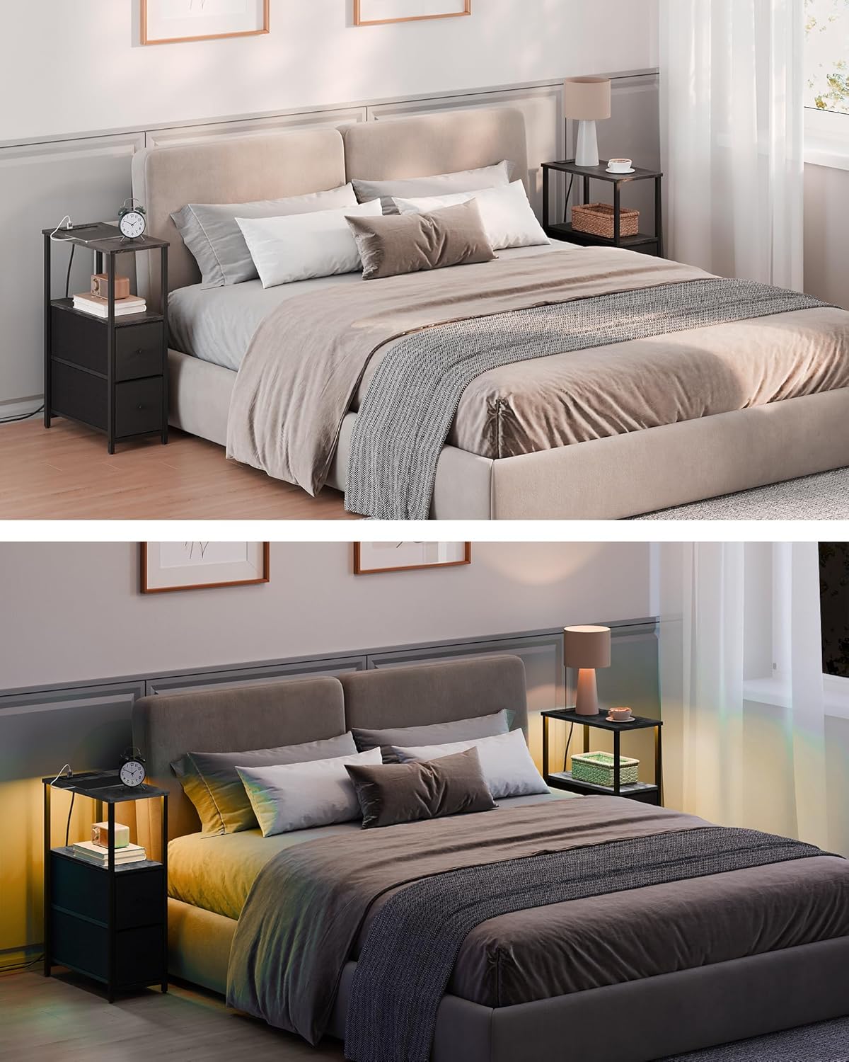 Small Narrow LED End Table with Charging Station, Side Table Outlets, Nightstand with 2 Cloth Drawers, Set of 2, Couch Table, for Living Room, Bedroom, Bedside, Charcoal Grey