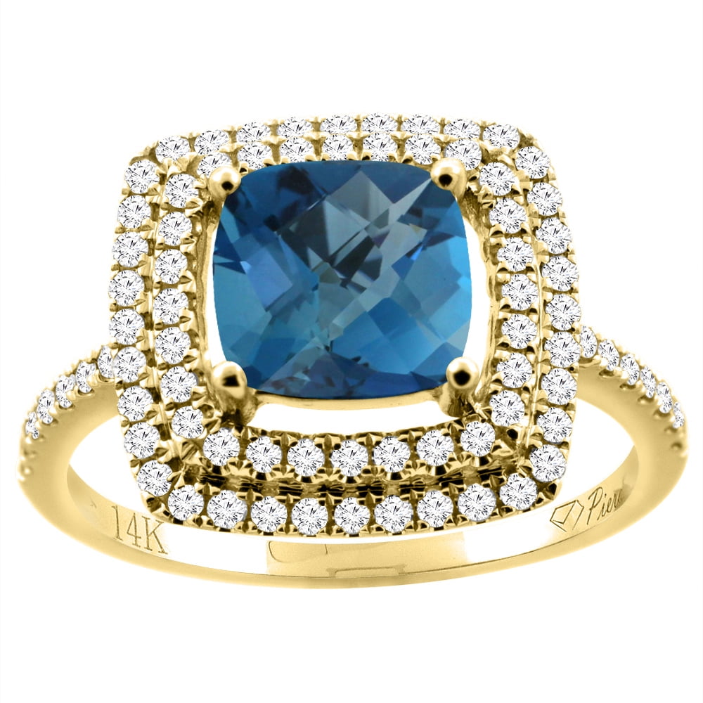 14K Yellow Gold Natural London Blue Topaz Ring Cushion Cut 7x7 mm Double Halo Diamond Accents, size 5.5 by Gabriella Gold