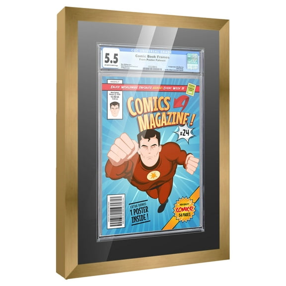 Comic Book Frame with Mat for 1 Graded Comic - Bronze Wood Comic Frame With Black Mat for 8.125x13