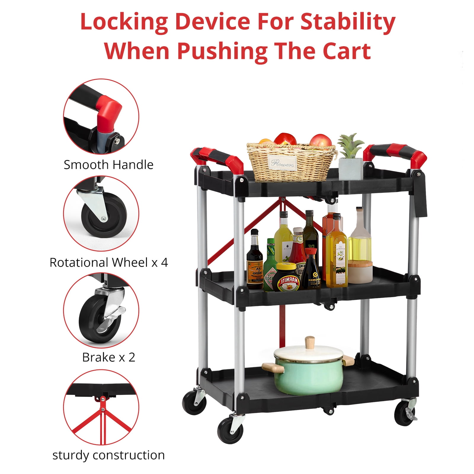 Foldable Utility Carts with Wheels, 3-Tierrolling tool cart,Collapsible Service Cart 168LB for Home, Office, Garage, and Warehouse,No Assembly Required