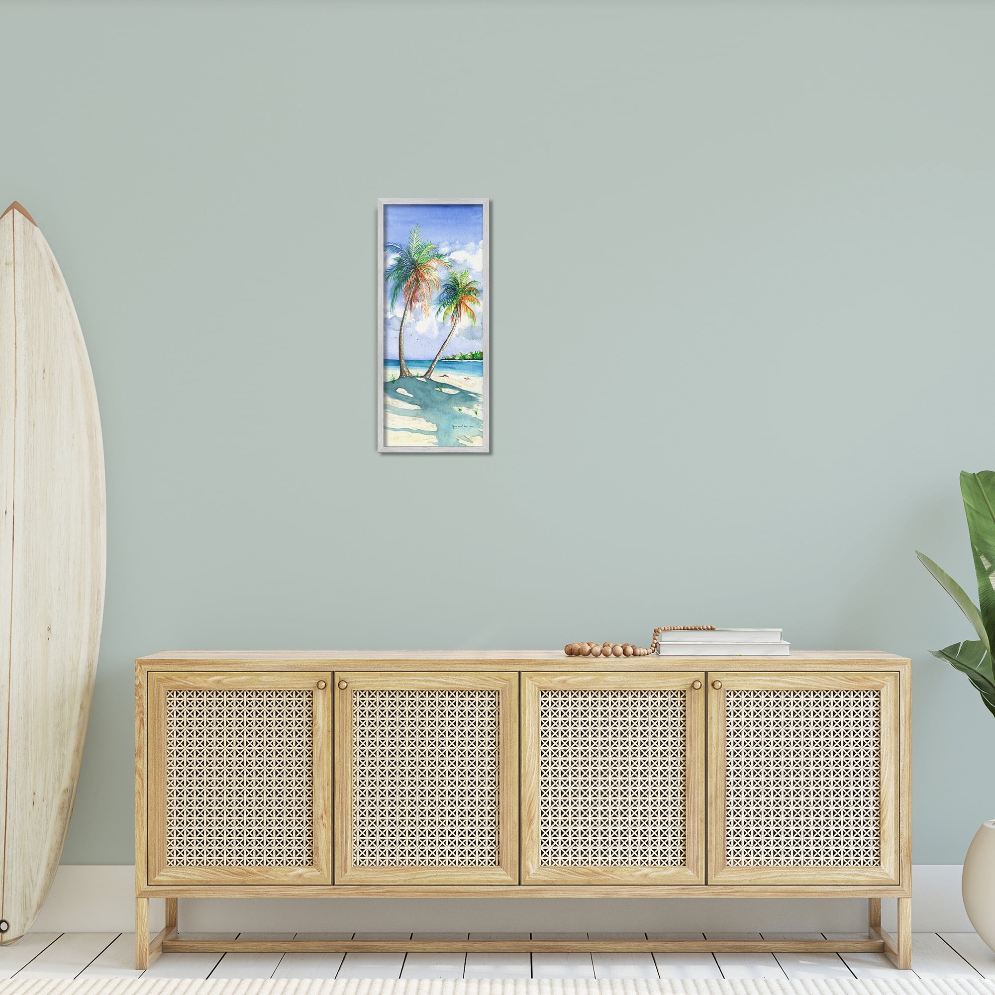 Stupell Industries Sunlit Palm Trees Landscape Painting Gray Framed Art Print Wall Art, 10 x 24