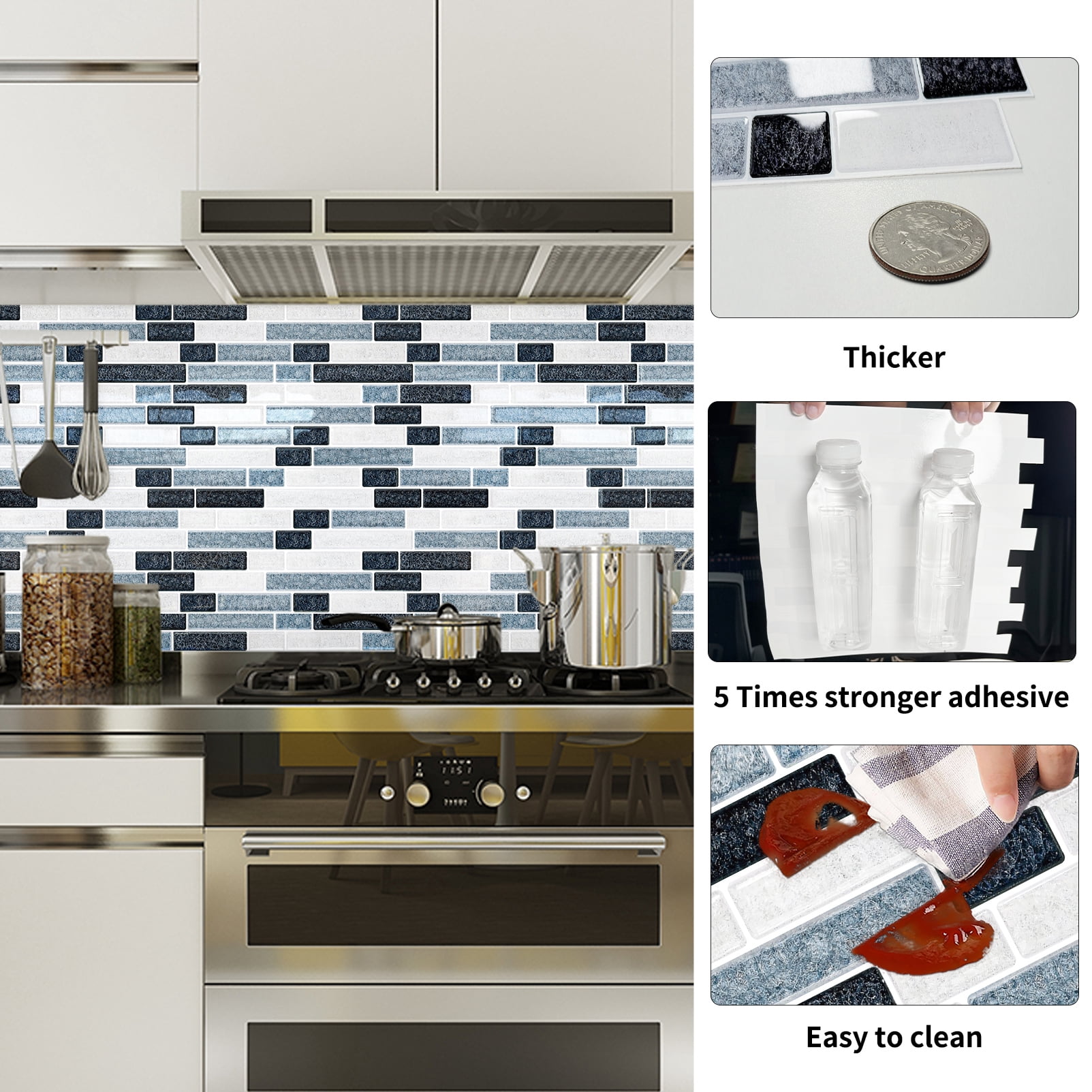 DEWOO Peel and Stick on Self Adhesive Backsplash Wall Marble Tiles Stickers 3D for Kitchen Bathroom,Dark Blue (10-Sheet, 12"×12")