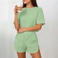 thumbnail image 2 of Tqcoqu Women's Eyelet Embroidery 2 Piece Outfit, Crew Neck Short Sleeve Top & Elastic Waist Split Hem Shorts, Breathable Summer Loungewear Pajama Set for Women﻿,Green Women's M-XXL, 2 of 6