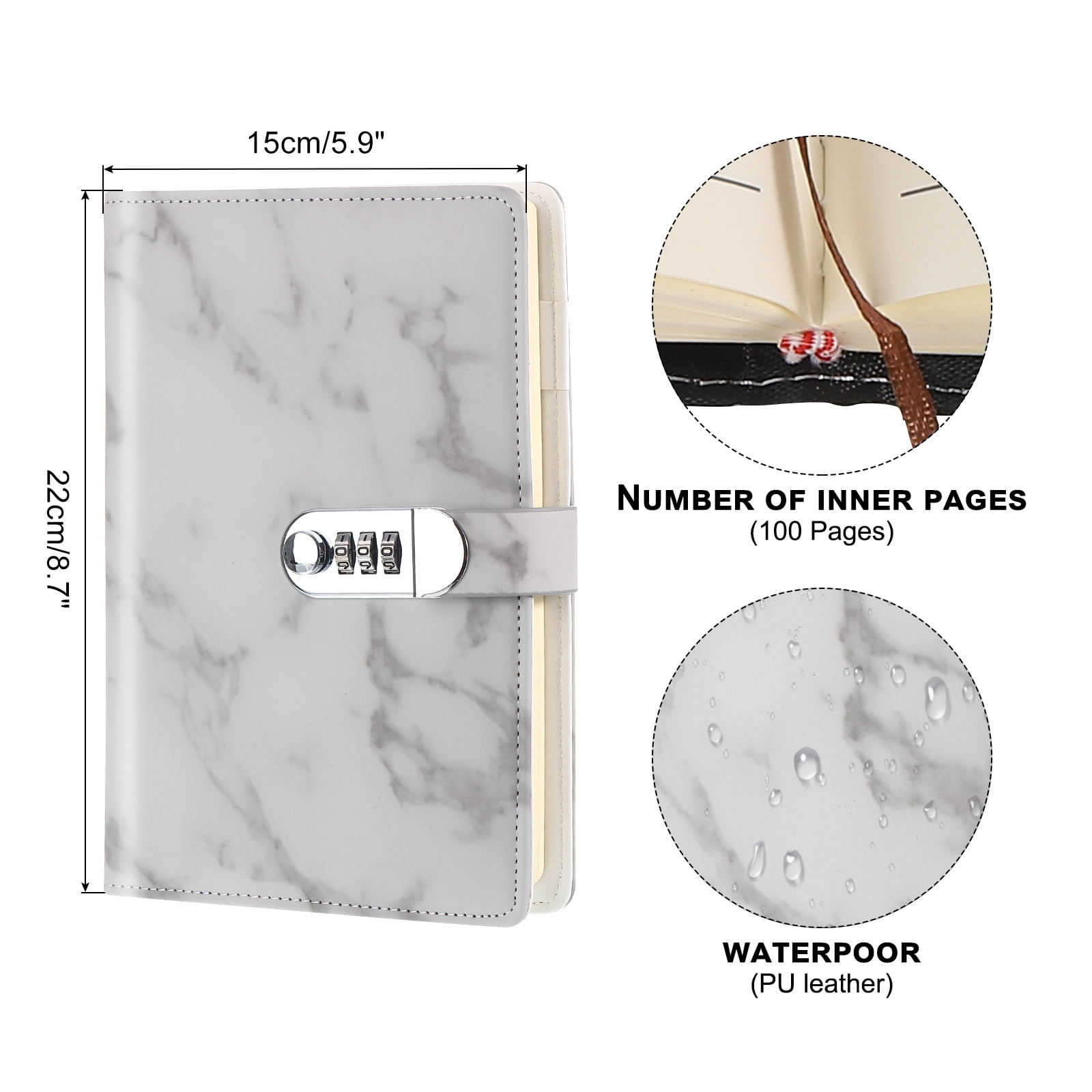 Unique Bargains Diary with Lock Leather Notebook Marble Diary with Pen Slot Gray