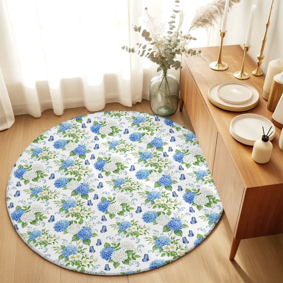 Round Rugs 4Ft, Blue White Hydrangea Round Area Rug Washable Indoor Throw Carpet, Country Flowers Pastoral Leaves Soft Non Slip Circle Rug for Kitchen Nursery Room Home Decor Aesthetic