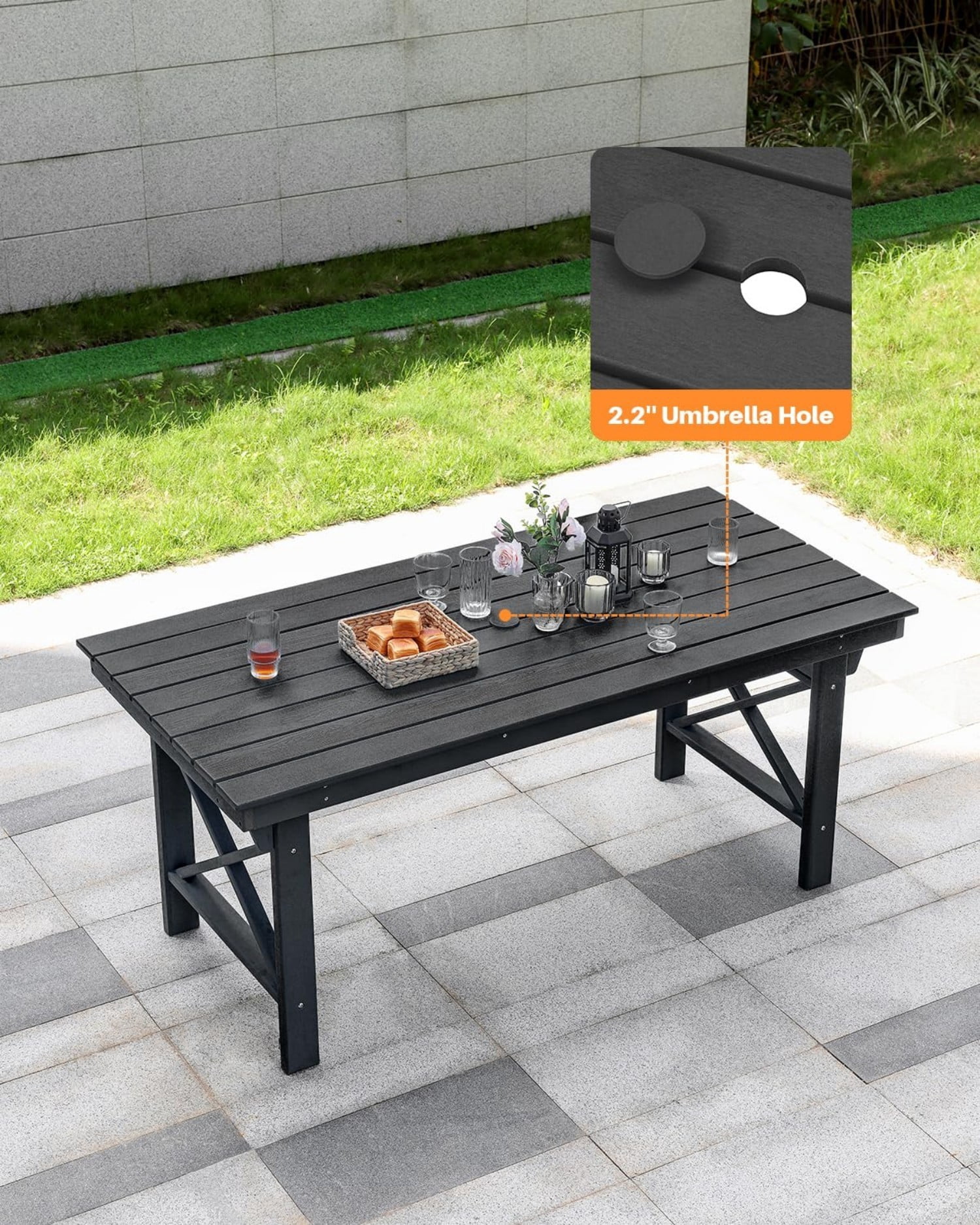 HDPE Outdoor Dining Table for 6, 66.9" Rectangular Patio Dining Table with 2.2" Umbrella Hole, All-Weather Outdoor Table for Backyard, Deck, Garden, Poolside, Obsidian