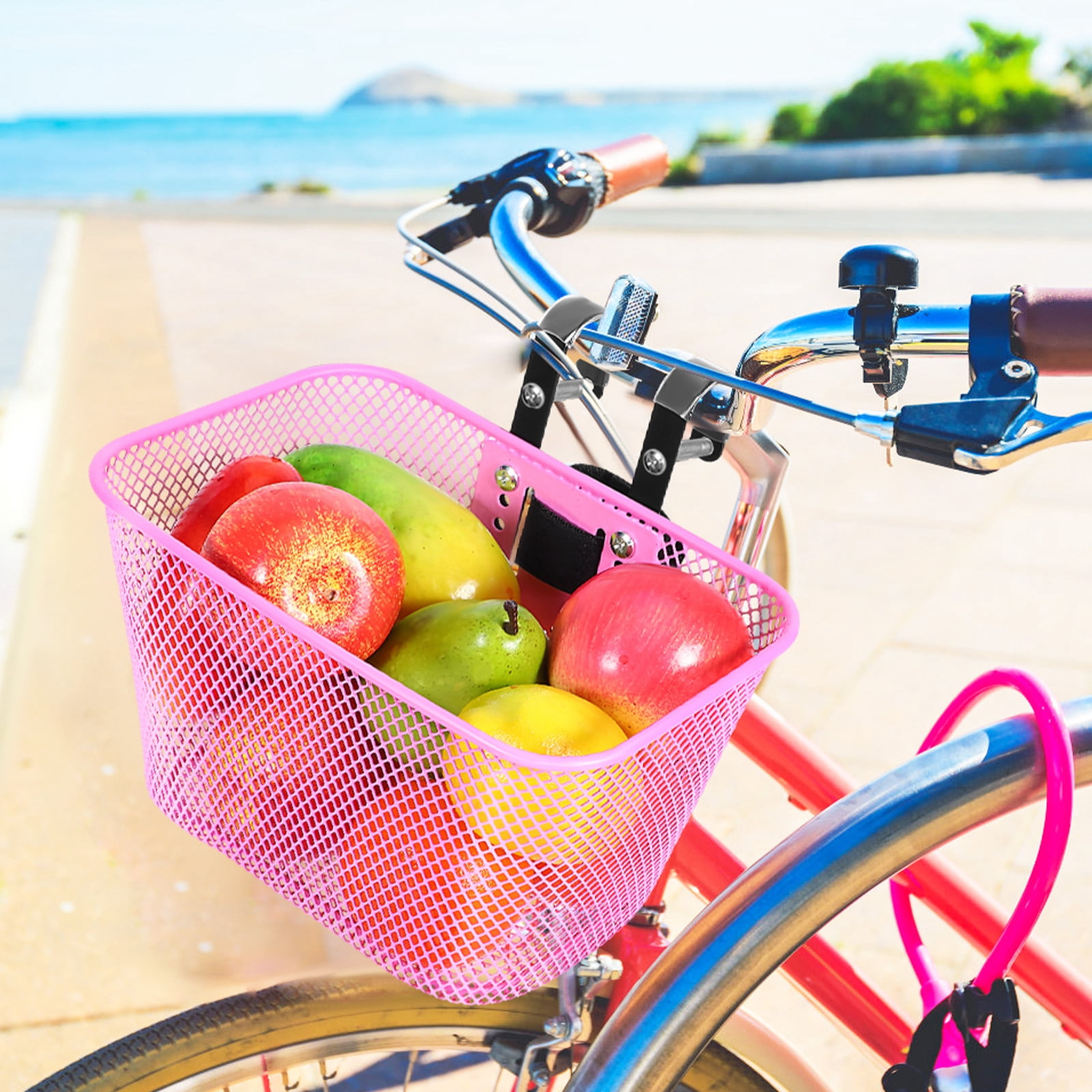 WEUVEB Versatile Pink Metal Wire Front Bike Basket for Everyday Handlebar Use