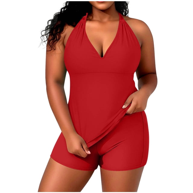 Swim Top for Women Plus Size with Built-In Bralette, Adjustable Strappy Halter and High-Waisted Swim Bottoms, Two-Piece Swimsuit Set for Beach and Pool