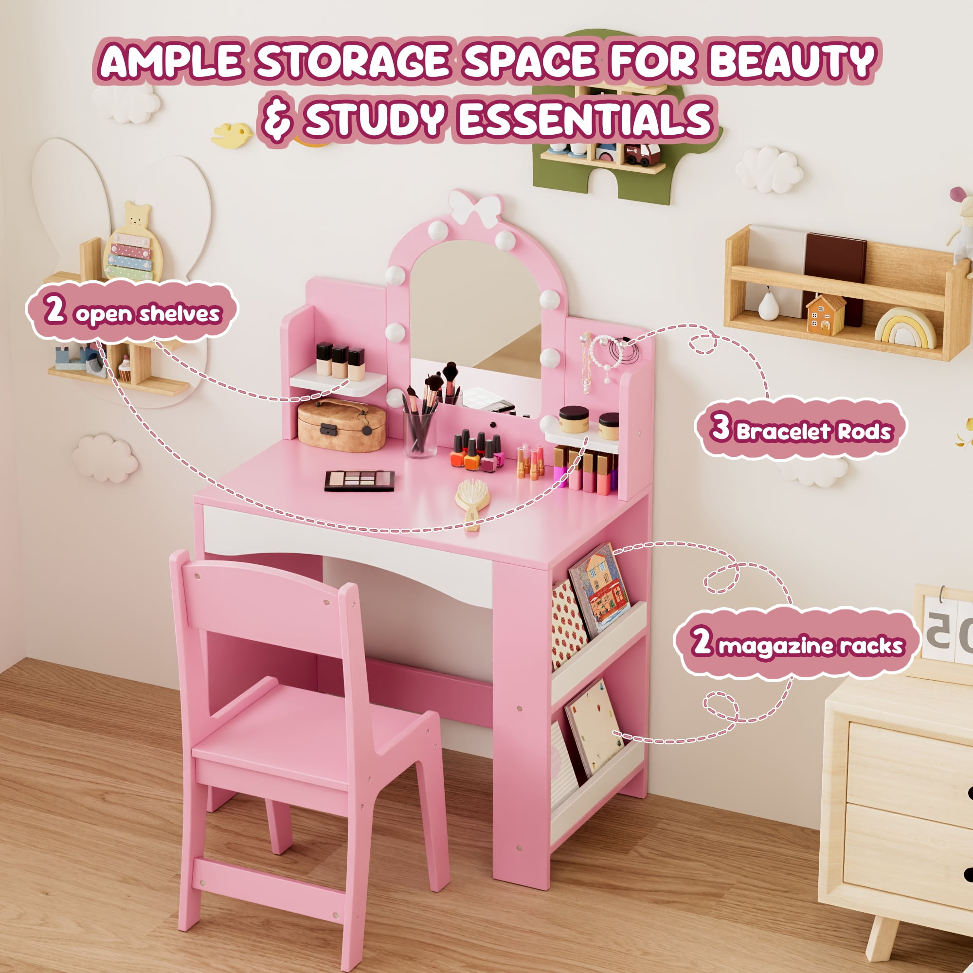 Reasea Kids LED Lights Vanity Table Set,Kids Vanity Table and Chair Set,Pink