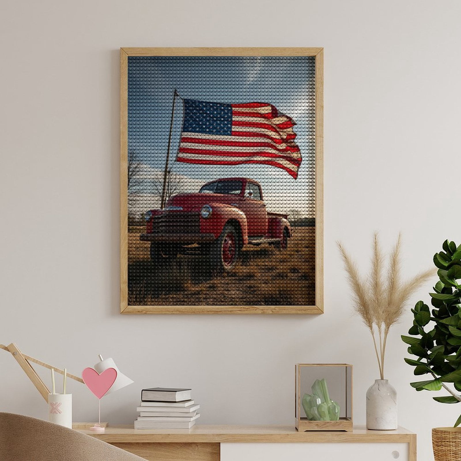 Diamond Art Kits for Adults - Vintage Red Truck American Flag 5d Diamond Painting for Adults, Diamond Art for Adults Beginners, Frameless Diamond Painting Kits for Adults for Home Wall Decor