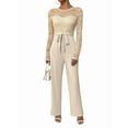 thumbnail image 2 of Women'S Lace Patchwork Round Neck Long Sleeve Formal Jumpsuit Solid Color Casual One-Piece Pants Apricot S, 2 of 9