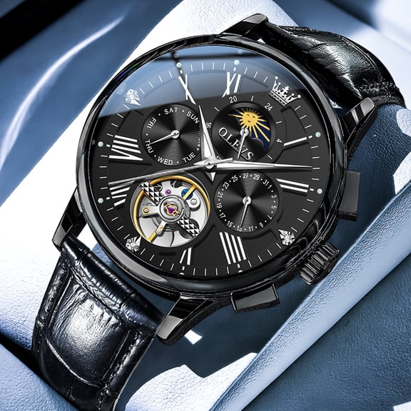 OLEVS Multifunction Watches for Men Business Dress Self Winding Mechanical Skeleton Moon Phase Multi Calendar Mens Watches with Flywheel Pu Leather Men Wrist Watches Reloj para Hombre