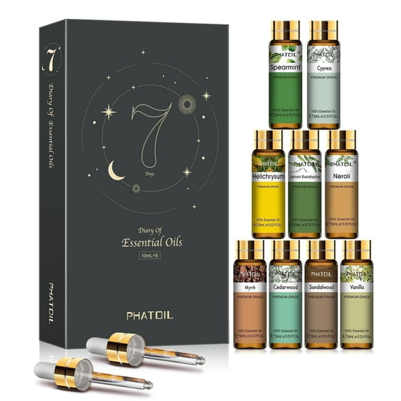 PHATOIL 9 Pcs Pure Essential Oil Set for Diffuser, Humidifiers, Skin Care, Massage, Gift (10ML)