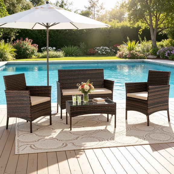 Enyopro 4-Piece Patio Furniture Set, with 2 Arm Chairs, Love Seat & Tempered Glass Coffee Table, Rattan Outdoor Conversation Chair Sets for Patio Porch Deck Balcony, Brown