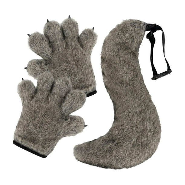 Juego de guantes y cola de lobo para Halloween, cómodo juego de rol, decoración, garras Gris