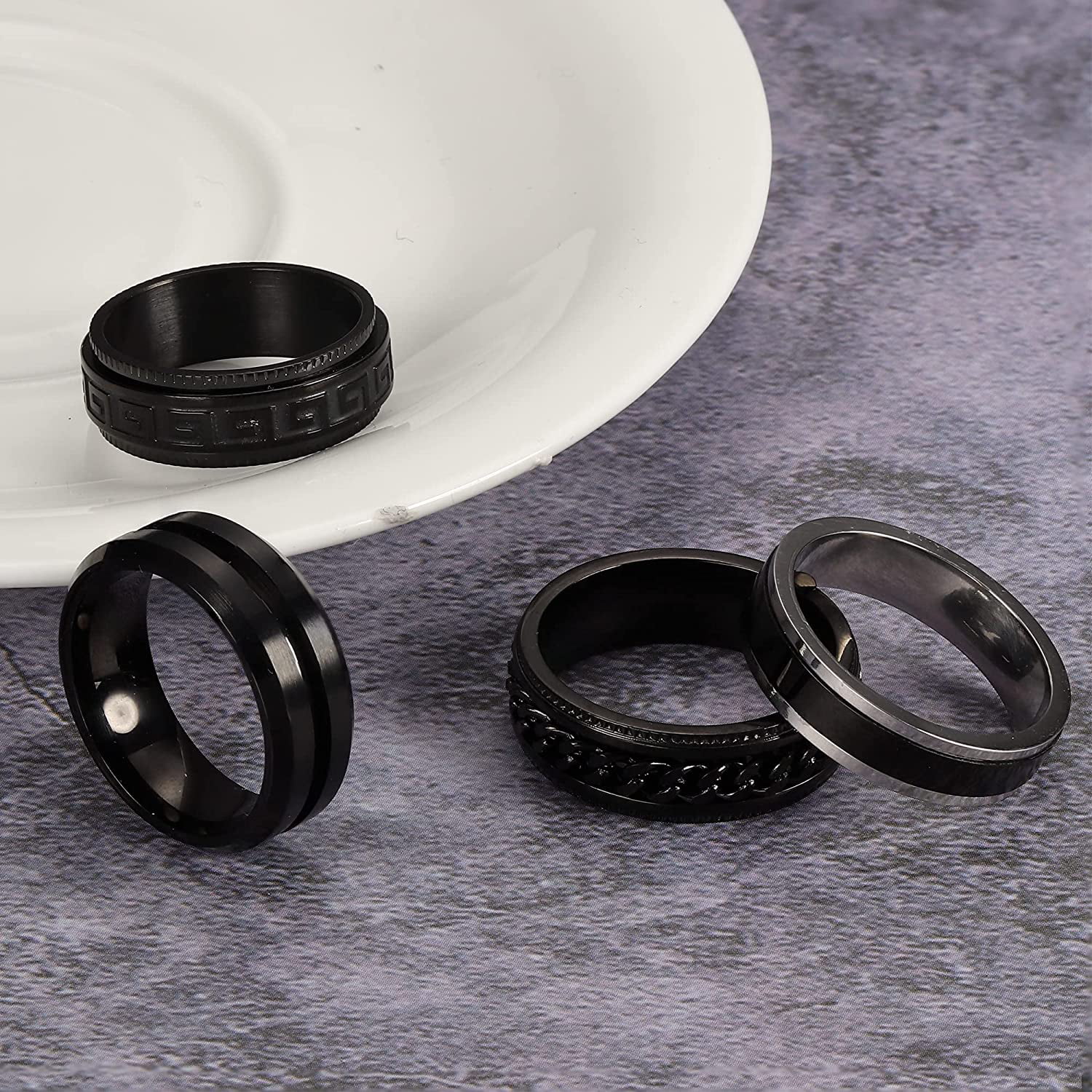 THUNARAZ 6 Pieces Black Spinner Rings for Men Women Cool Chain Inlaid Stainless Steel Fidget Rings for Anxiety 8mm Wide Stress Relieving Fashion Wedding Promise Band Rings Size 7-13 