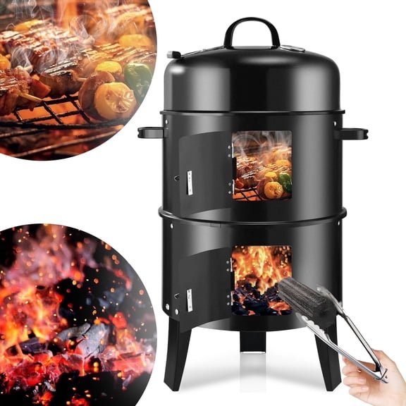 19-inch Vertical BBQ Smoker with Thermometer -Heavy Duty Offset Charcoal Smoker Grill for Meat,Poultry & Fish - Includes S-Shaped Hooks