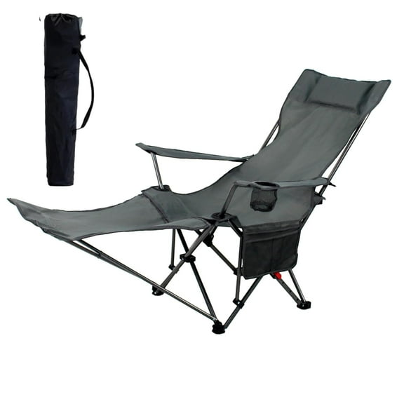Reclining Camping Chairs for Adults, Adjustable Backrest & Storage Bag, Folding Chairs for Outside Recliner Chair with Removable Footrest and Cup Holder for Camping, Beach, Fishing, Trip (1, Grey)