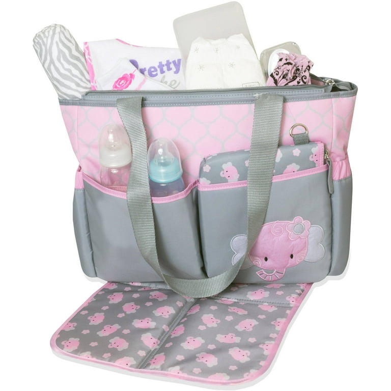 Tender Kisses Elephant Diaper Bag Set with Bonus Zipper Pouch