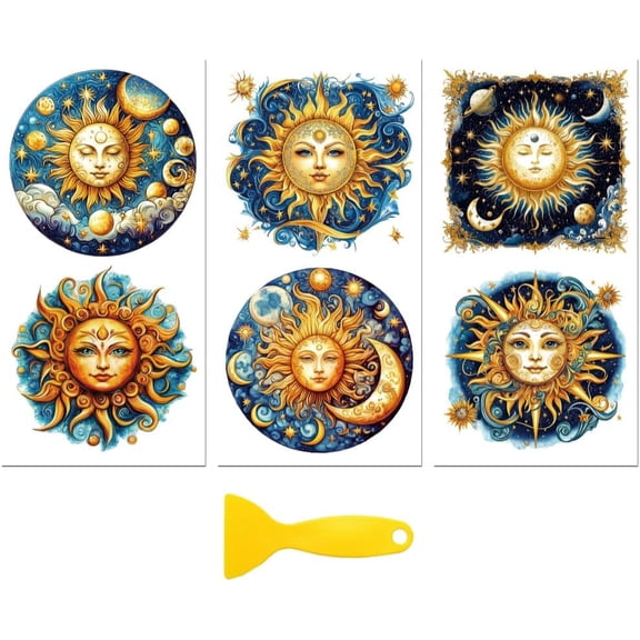Rub on Transfer Decal Sticker for Furniture Craft Decor 6"x12" Celestial Sun 3Pcs Waterproof UV DTF Transfer for Drawer Dresser Glass Porcelain Wood Plastic Window