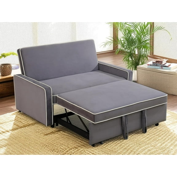 53" 3 in 1 Convertible Sleeper Sofa Bed, Flannel Upholstered Pull Out Sofabed with Adjustable Backrest, Modern Futon Loveseat Couch for Living Room, Apartment, Office, Light Gray