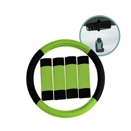 FH Group Modernistic Seat Belt Pads and Steering Wheel Cover (Green) with Air Freshener AFFH2033GREEN
