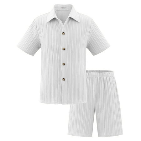 SUXIAN Boys Summer Outfits Casual Loose Fit Shorts Sets Comfortable Elastic Waist Playwear for Kids Ages 5-14 Daily Wear Sporty Style Outfits for Boys White 160
