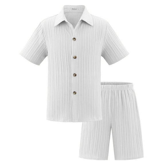 Boys Summer Outfits 2 Piece Set Short Sleeve Button Down Shirt and Shorts Casual Comfortable Loose Fit Clothing for Daily Wear Age 5-14