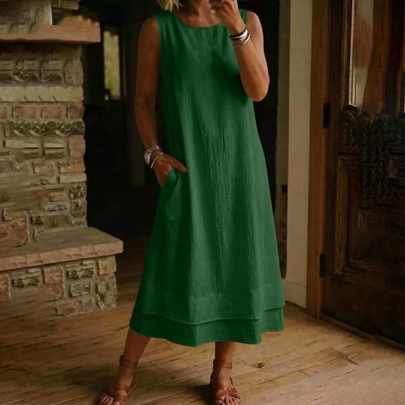 QUNYINEY Women's Summer Dresses Casual A Line Long Sleeveless Sundress Solid Loose Fit Crew Neck with Pockets Dresses