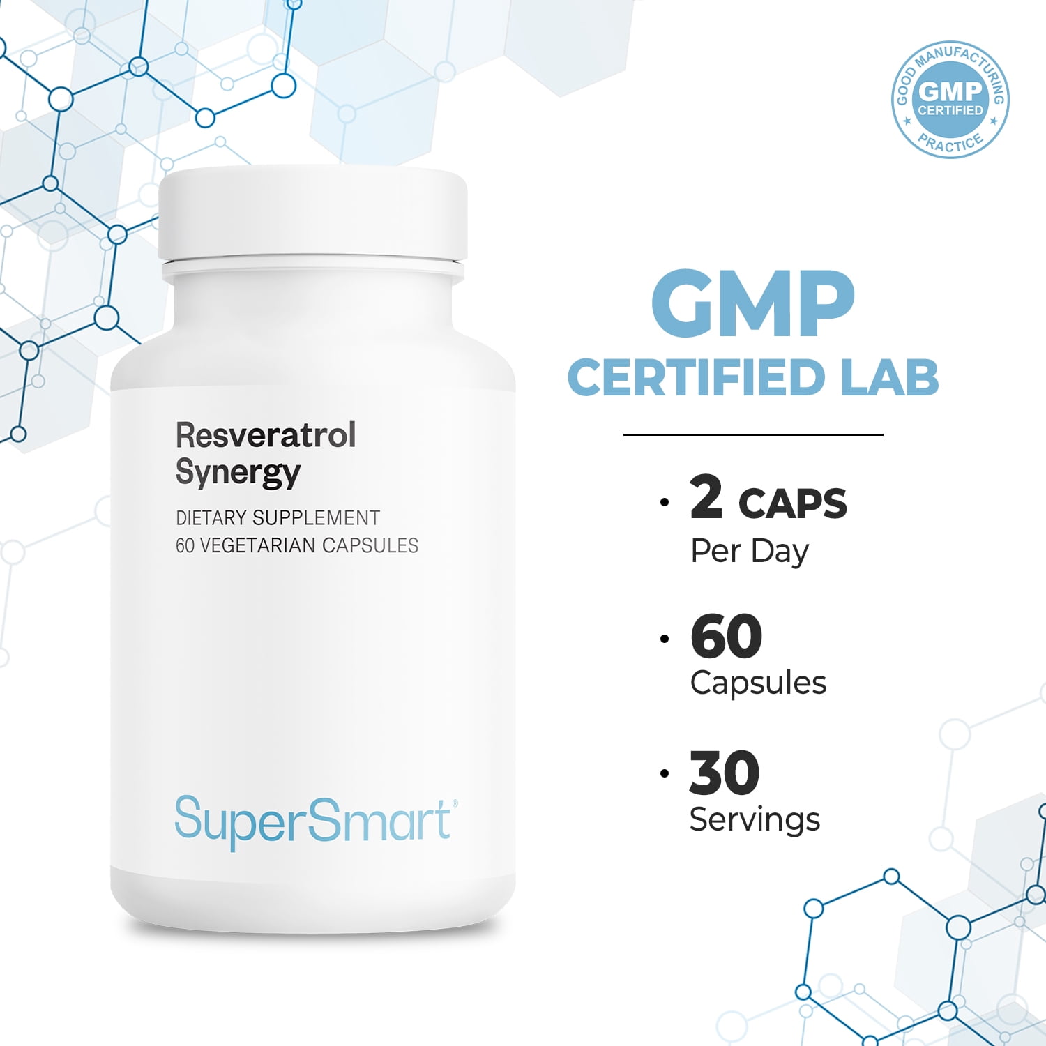 SuperSmart Resveratrol Synergy (Advanced Formula) - High Potency Antioxidant - Resveratrol Supplement | Non-GMO & Gluten Free - 60 Vegetarian Capsules