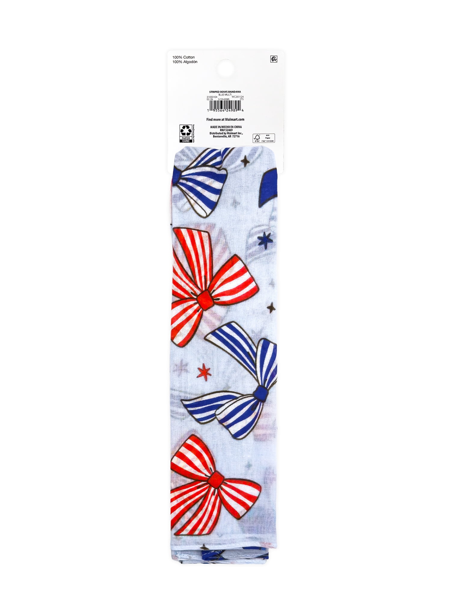Fourth of July Women’s Striped Bows Bandana from Way to Celebrate, One Size, Blue/Multi