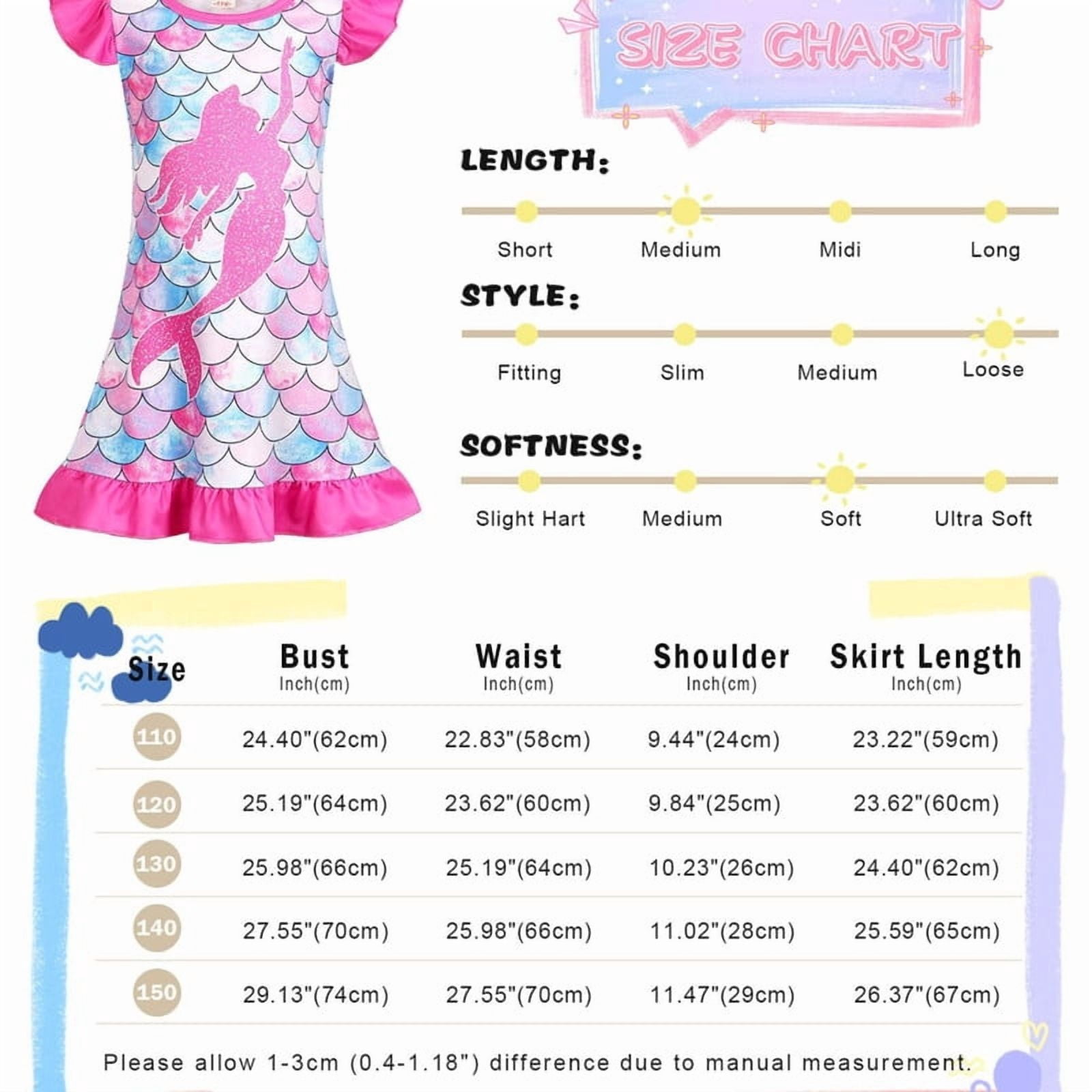 Jurebecia Girls Nightgowns Mermaid Pajamas Princess Toddler Nightgown Sleepwear Nightie for Kids Little Girls 110 cm 3-4 Years