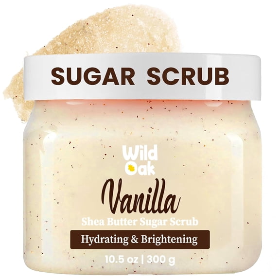 WildOak Vanilla Sugar Body Scrub | Ultra Exfoliating, Moisturising & Brightening Body Polish Scrub | Tan Removal & Strawberry Skin | Shea Butter, Alpha Arbutin, Kojic & Hyaluronic Acid | 10.58 oz