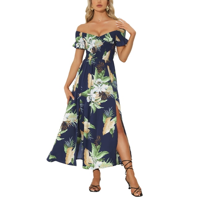 vestidos florales inspire chic para mujer, vestido midi de playa de verano sin hombros color azul oscuro con estampado floral tropical. Escote off-shoulder con volante, cintura fruncida, manga corta y falda A-line con abertura lateral; ajuste regular, 97% poliéster 3% spandex.