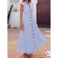 thumbnail image 5 of Women's Striped V-Neck Ruffle Sleeve Button Front Waist Belt Maxi Dress Blue S, 5 of 10
