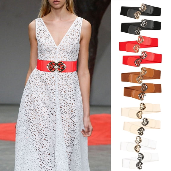 Helii Women Belt Fashion Atmosphere Wide Elastic Waist Belt Fashion Gold Buckle Stretchy Waistband for Dresses