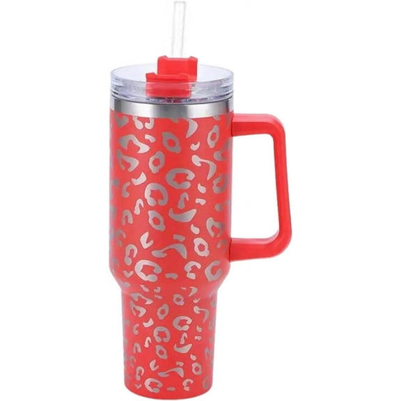 Lashicorn 40 Oz. Tumbler with Handle and Straw Red Leopard Silver 10 tall Cup lid included Insulated Stainless Steel Vacuum Travel Mug Boutique Cheetah Print