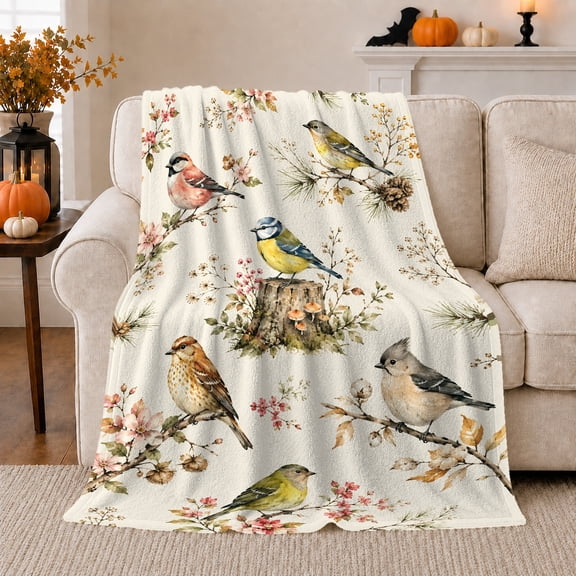 Cute Bird Sanctuary, Festive Holiday Scene, Warm Flannel Blanket for Cabin and Lodge with Detailed Artwork with Rich Color Accents, Art Lovers Christmas Gift, Festive Home Decor