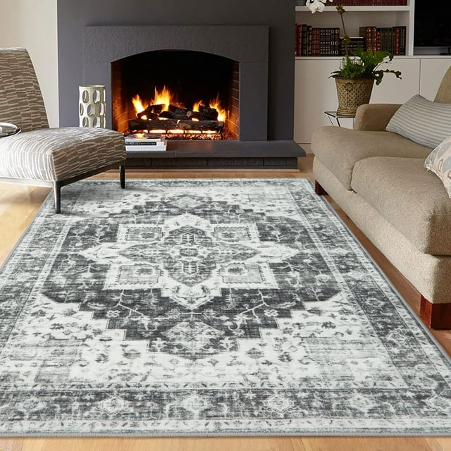 HOMERRY Area Rug 4' x 6' Floral Rug for Living Room Washable Stain Resistant Non-Shed Indoor Carpet Low Pile Mat, Gray