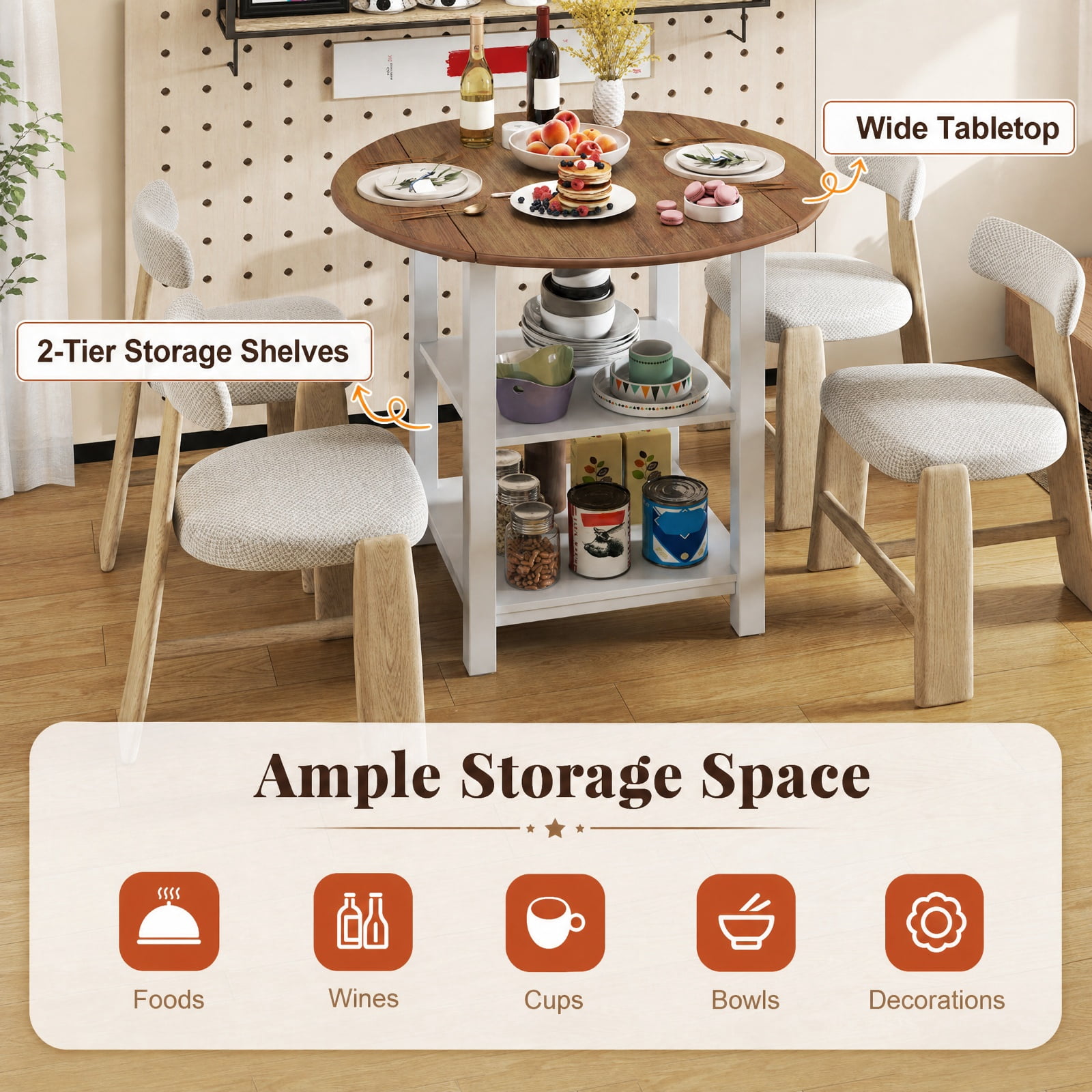 Furnibear Folding Round Drop Leaf Dining Table with 2 Storage Shelves and Solid Rubber Wood Legs for Small Spaces, White