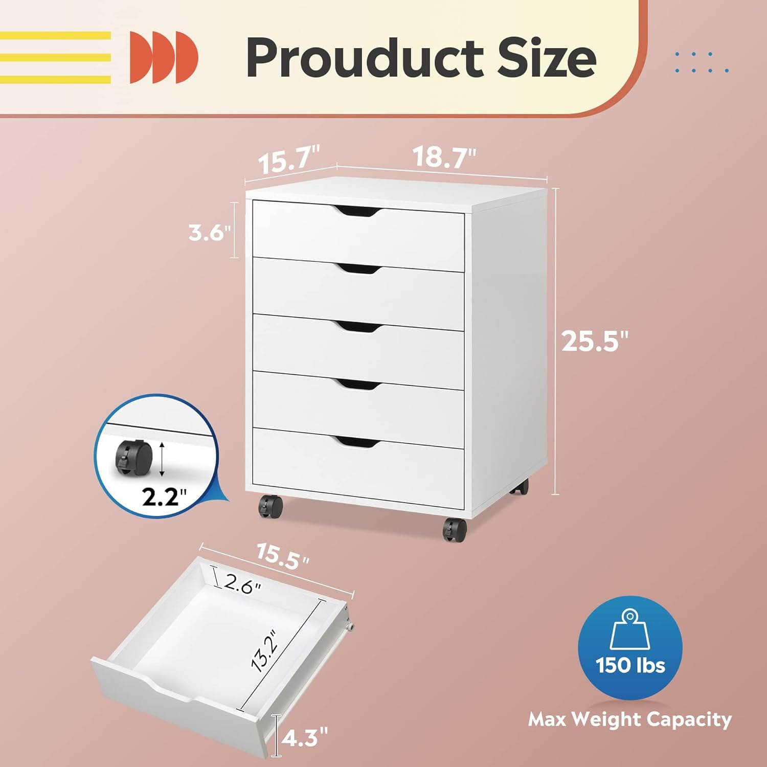 5-Drawer Filing Cabinet Under Desk, Wood Storage file Cabinet with Wheels, White