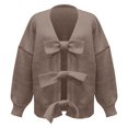 thumbnail image 6 of VISALY Cropped Cardigan Open Front Cardigan Bow Tie Cardigan Sweaters Crew Neck Long Sleeve Ribbed Knit Tie Front Crochet Knit Jumper Top Outwear Coat Chunky Knit Cardigan Crochet Cardigan Khaki L, 6 of 7